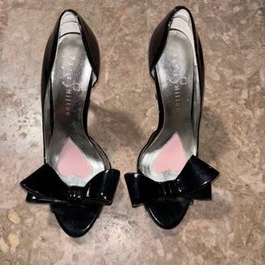 Paris Hilton Black Patent Peep-Toe Bow Heels with Pink Heart Insole
